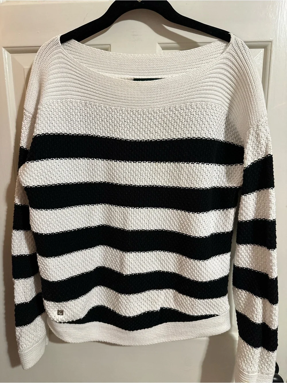 Ralph Lauren Black and White Striped Boatneck Knit Sweater. Large